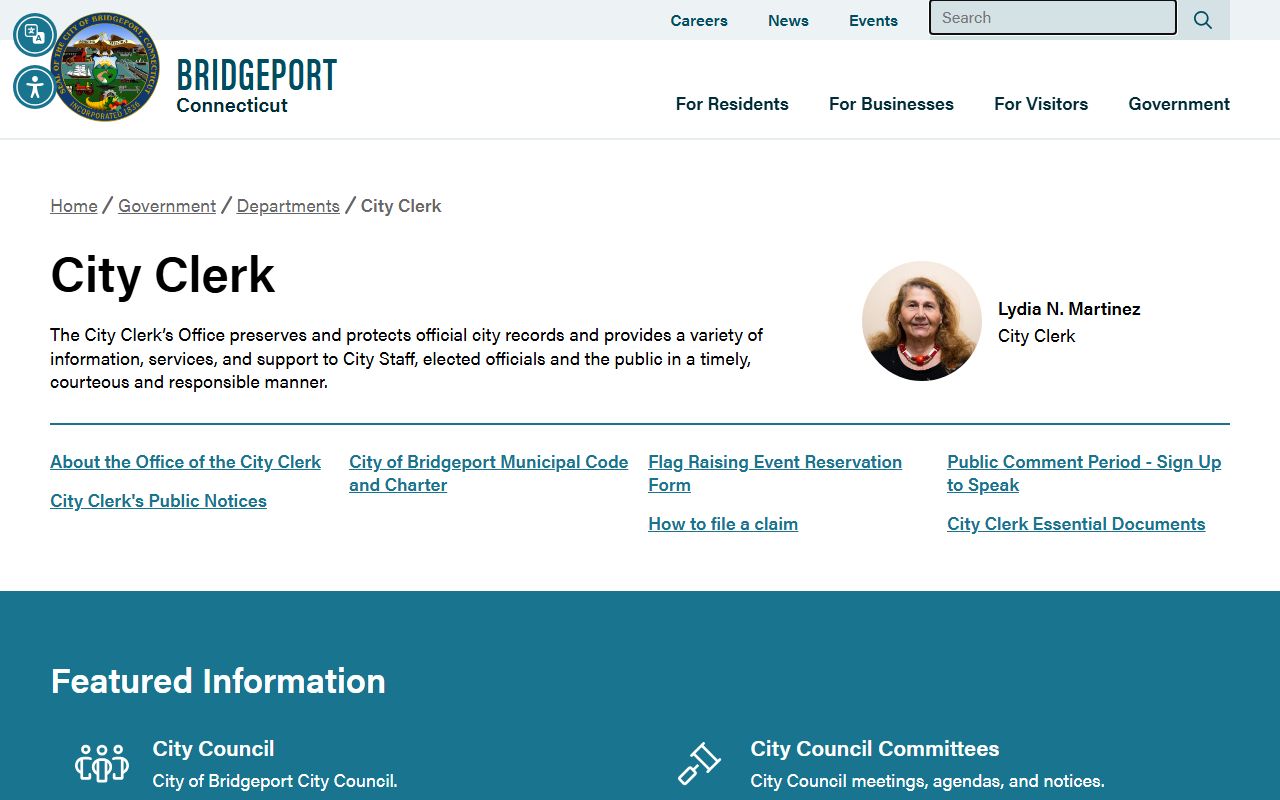Bridgeport white pages City Clerk department page