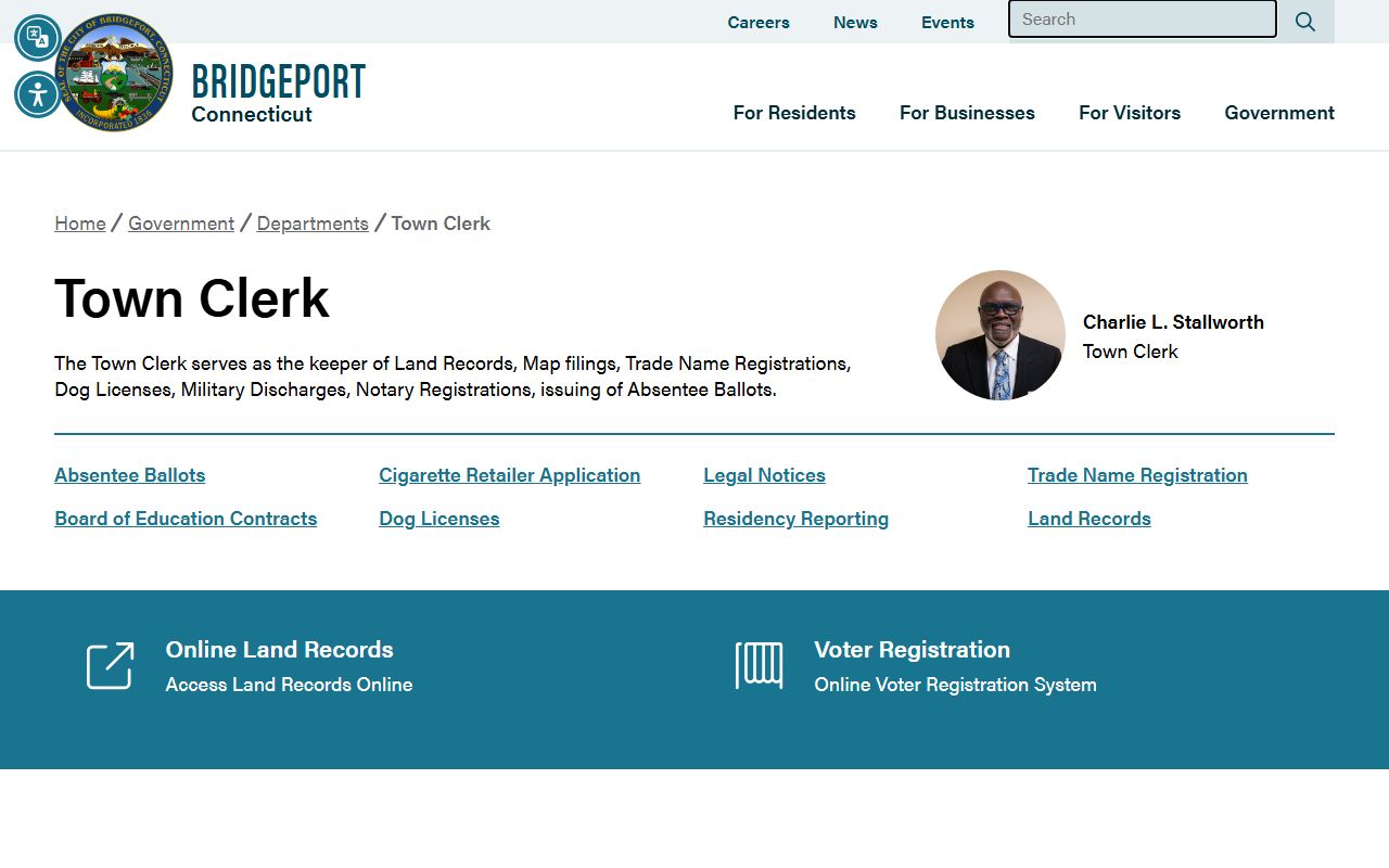 Bridgeport white pages Town Clerk office page