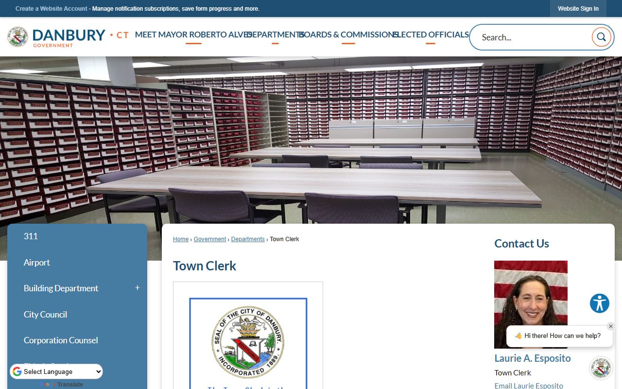 Danbury white pages Town Clerk office page