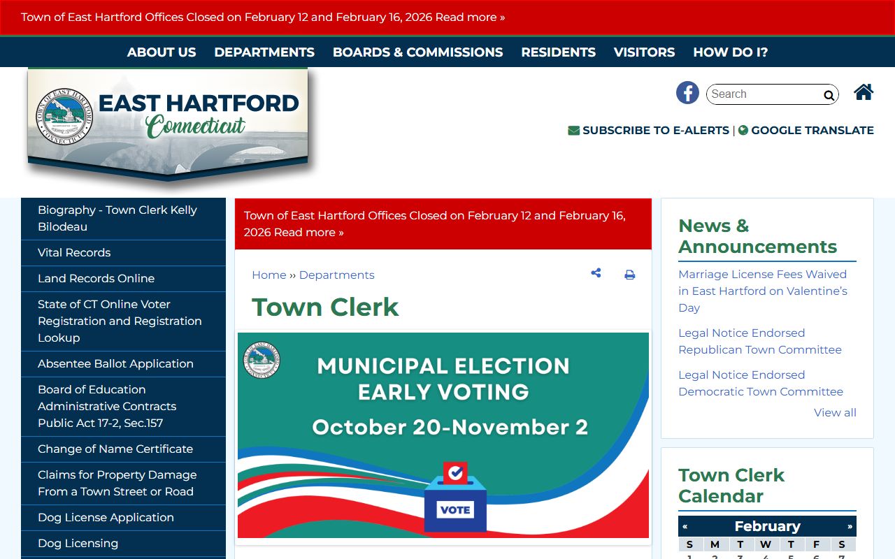 East Hartford white pages Town Clerk page