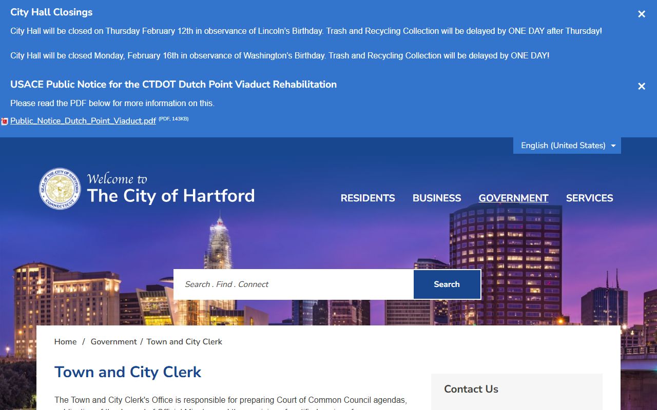 Hartford white pages Town and City Clerk office page