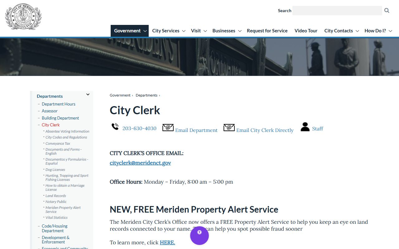 Meriden white pages City Clerk office page