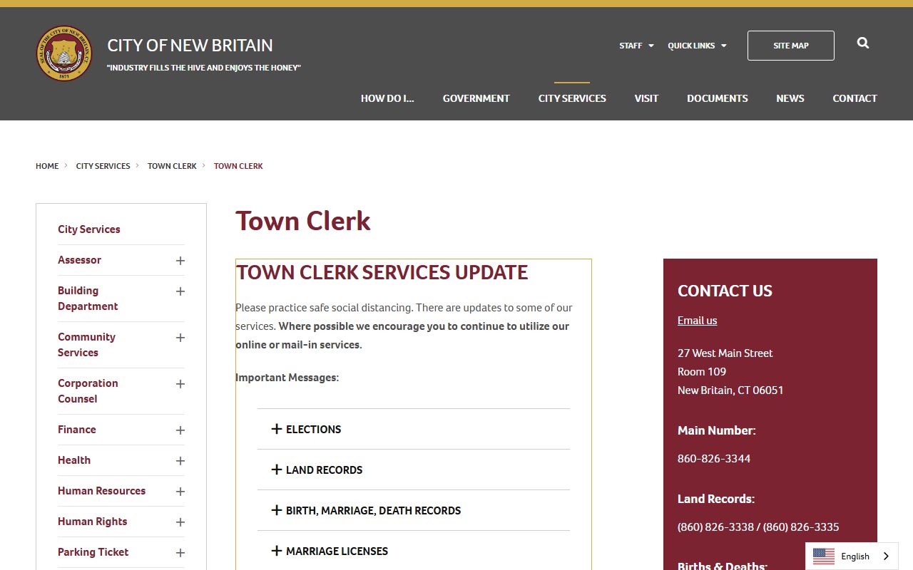 New Britain white pages Town Clerk office page