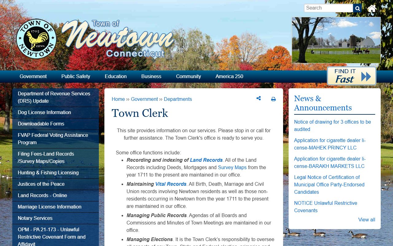 Newtown white pages Town Clerk office page