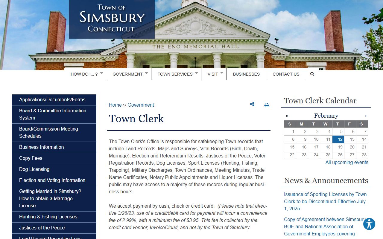 Simsbury white pages Town Clerk office page