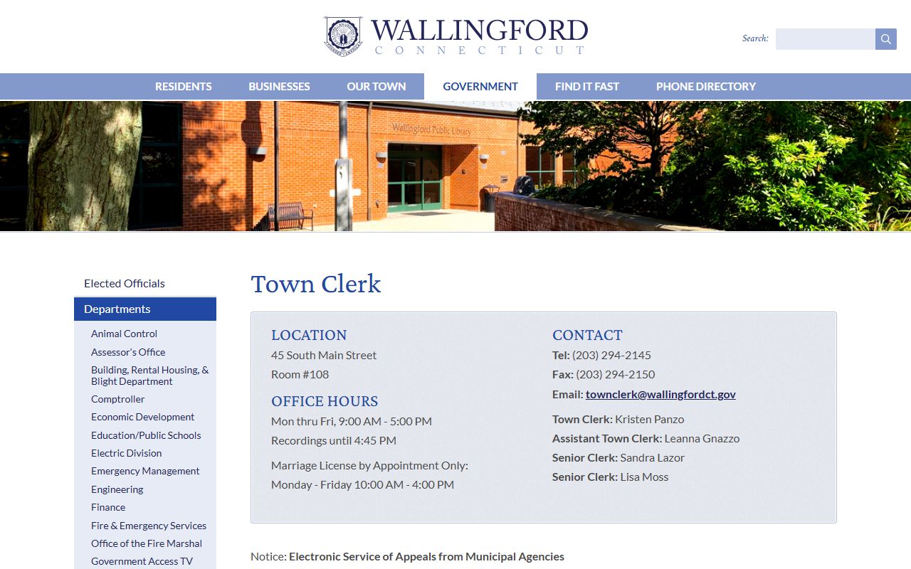 Wallingford white pages Town Clerk page