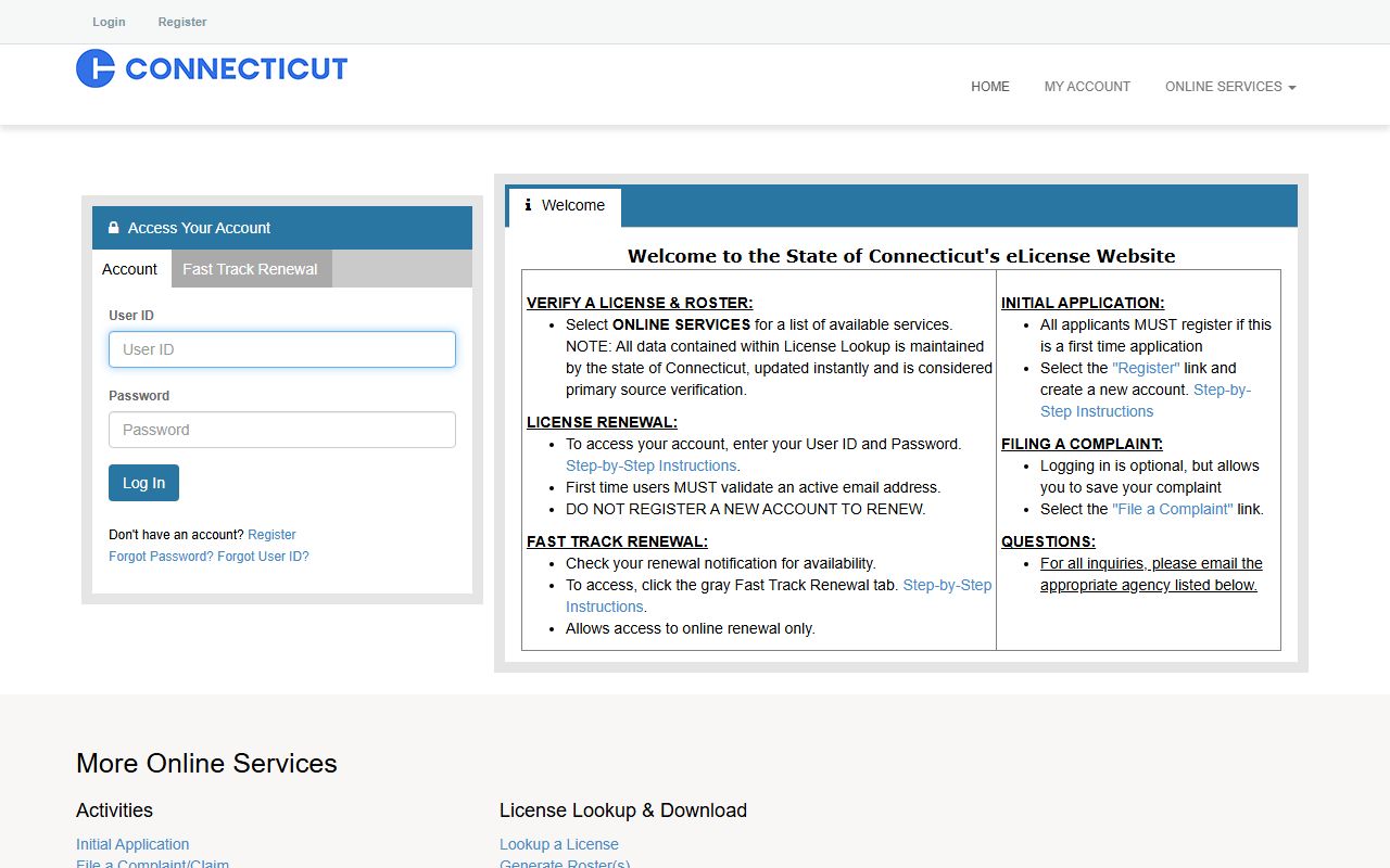 Connecticut eLicense portal white pages search