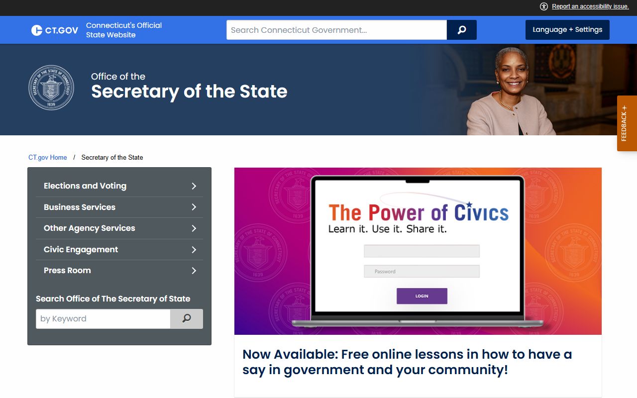 Connecticut Secretary of State white pages and records